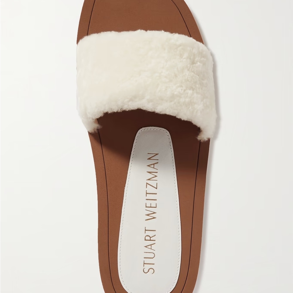New in Box Stuart Weitzman Cammy Shearling Strap Slide Sandals 8 38.5 White